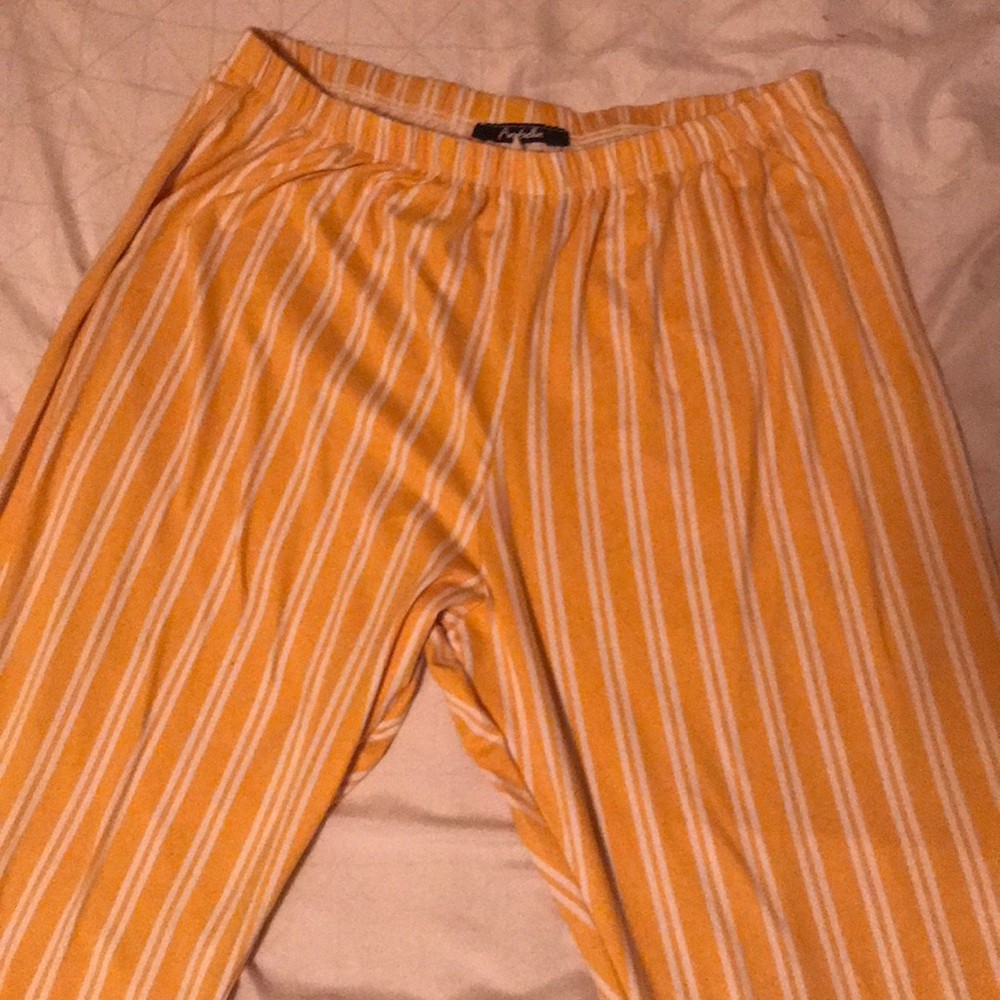 Yellow And White Striped Flare Pants